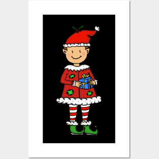 Merry Christmas Elf Santa With Gift Posters and Art